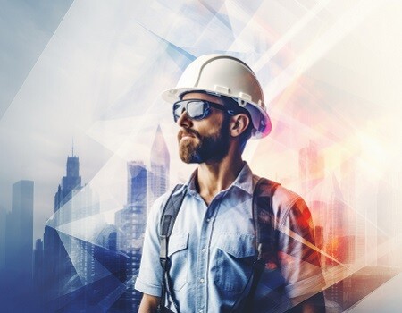 Builder man against overlay on cityscape white copy space backgr